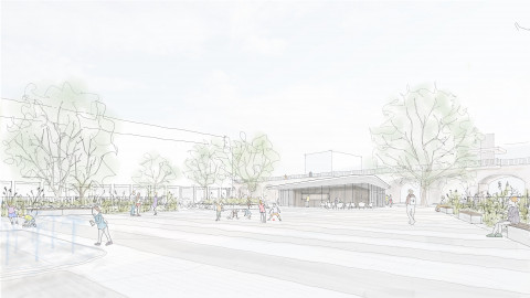 Entwurf Rathausmarkt: Blick vom Platz auf das neue Platzhaus