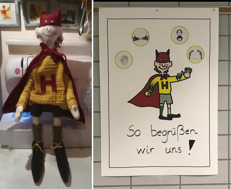 Rechtes Bild: Heldi - Eine selbst gezeichnete Phantasiefigur von Kirsten Heer, die Grundschulkindern hilft, gut durch die Krise zu kommen.