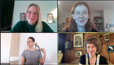 Screenshot: Interview mit den Szenischen Forscher:innen. V.l.o. Hanna Bartels, Clara Werdin, Gabriel Carneiro und Mara Henni Klimek.